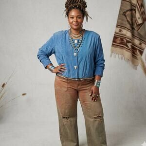 Jessica Howard Vintage Long Sleeve Beaded Southwestern Button Front Blouse 2X